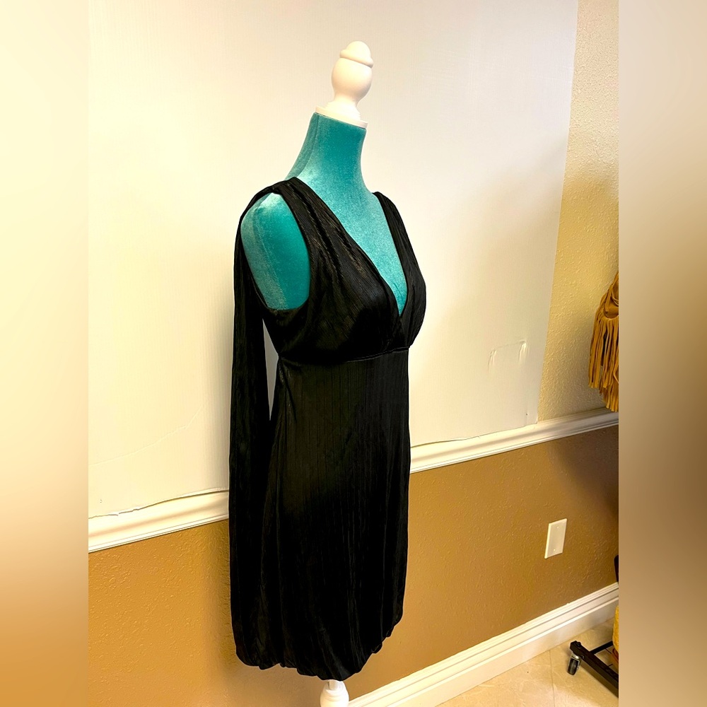 Y2K BEBE Black Draped Bubble Hem Mini Dress – Size M Cape Shoulder Detail